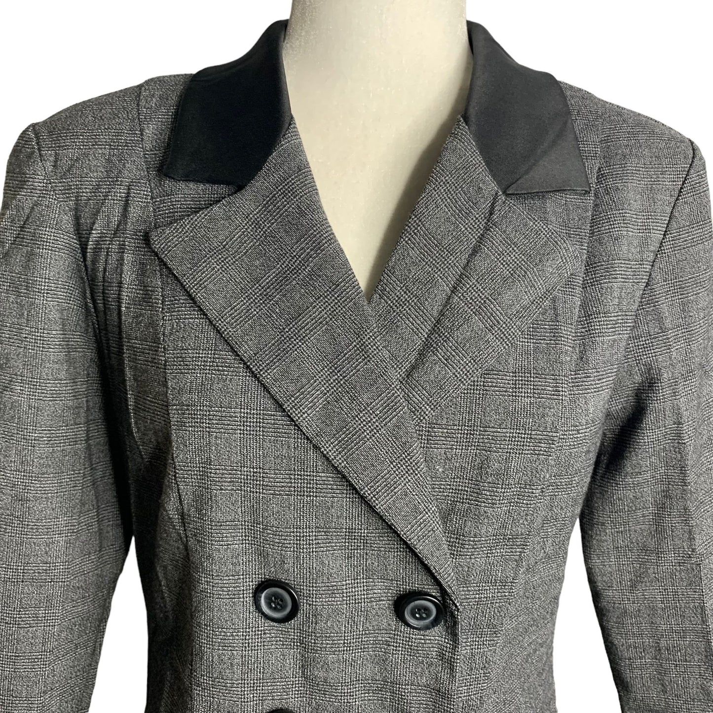 Vintage Dress Barn Skirt Suit Set 8 Black Check Double Breasted Satin Collar