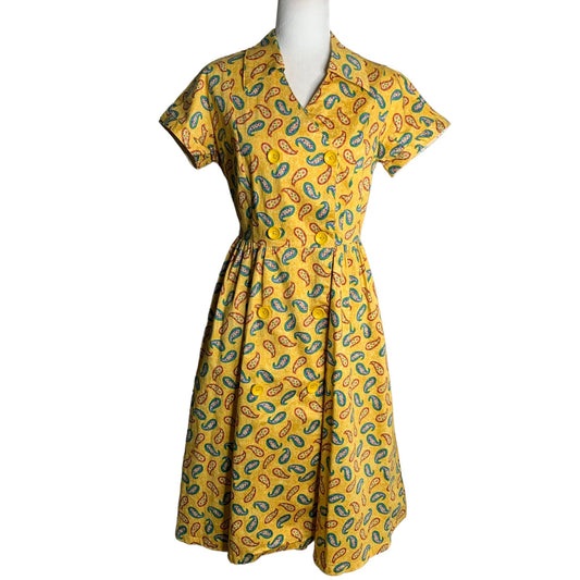 Bettie Page Las Vegas Retro Swing Dress M Yellow Paisley Pinup Buttons Pockets