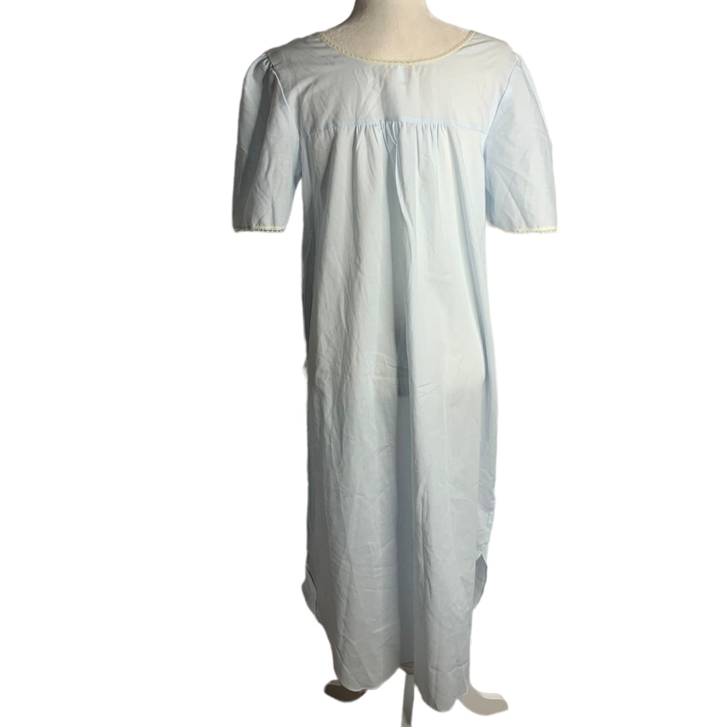 Vintage Barbizon Embroidered Long Nightgown S Blue Lace Short Sleeve Square Neck