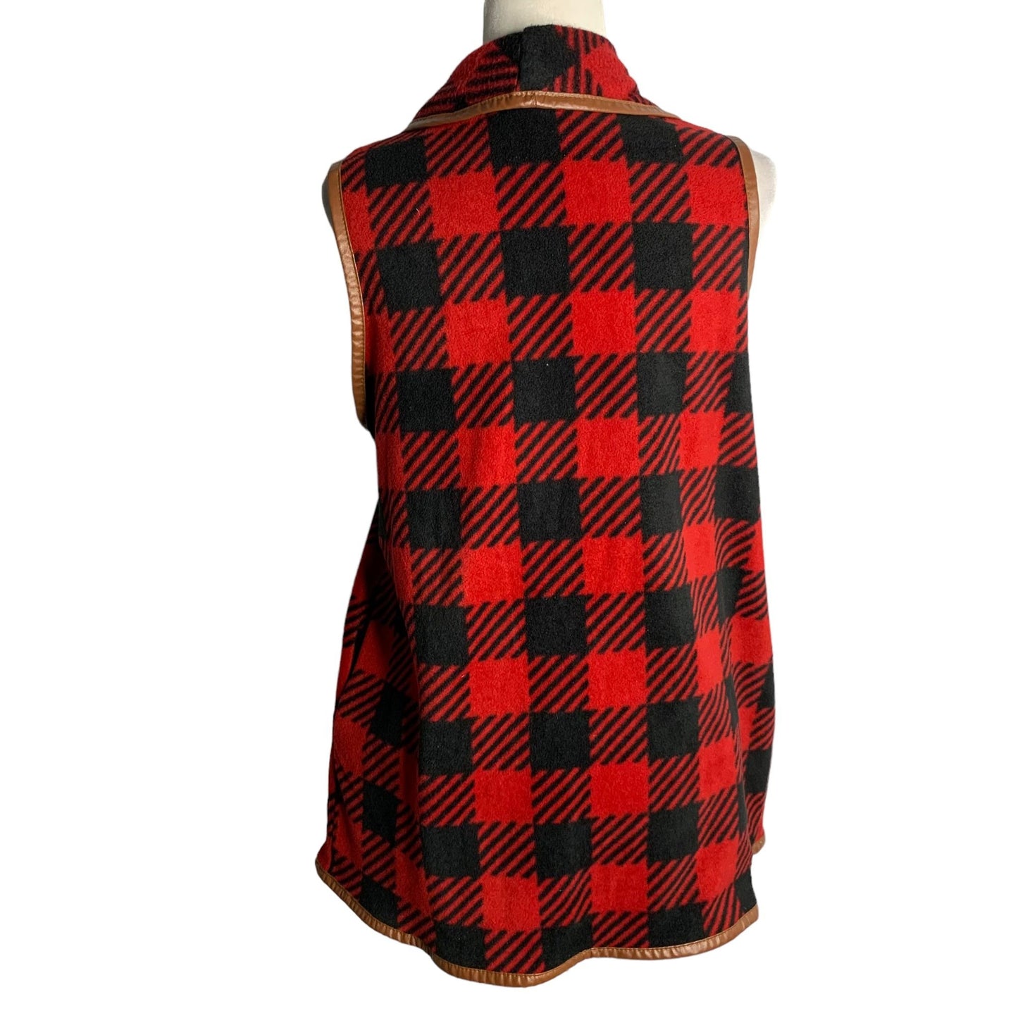 Simply Southern Open Front Fleece Vest S Red Black Buffalo Check Pockets