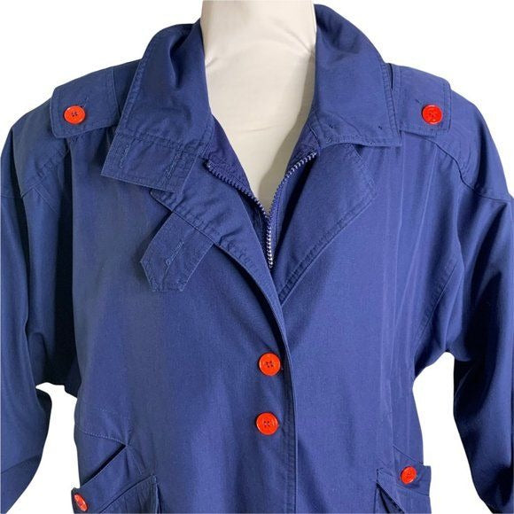 Vintage 80s Sportables Button Up Coat S Blue Stripe Lining Pockets Shoulder Pads