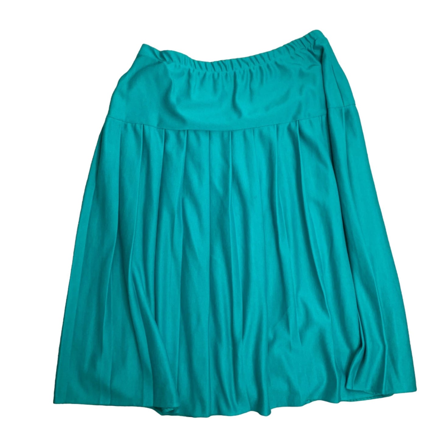 Vintage 80s Pull On Midi Skirt XL Turquoise Blue Pleated Elastic Waist USA