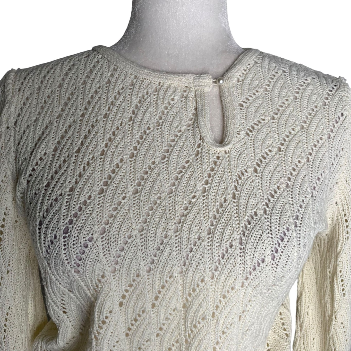 Vintage 70s It's Pure Gould Crochet Knit Sweater S Cream Long Sleeve Key Hole