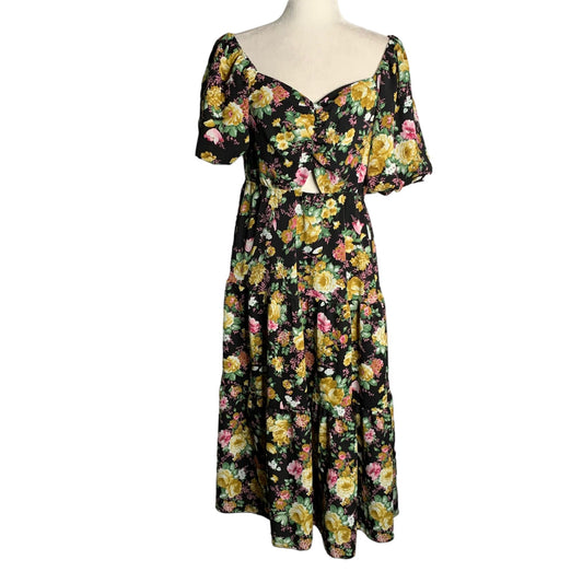 Puff Sleeve Boho Midi Dress L Black Floral Stretch Key Hole Front Sweetheart NEW