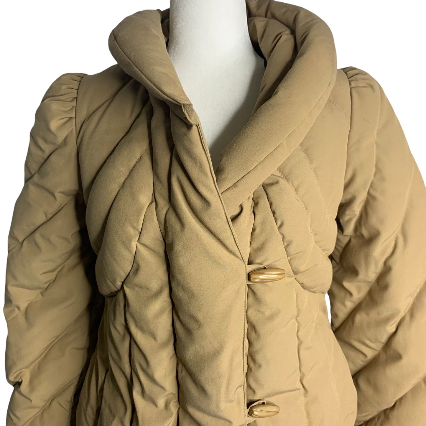 Vintage 80s Snowbird Goose Down Coat XS Tan Quilted Puffer High Collar Button Zip