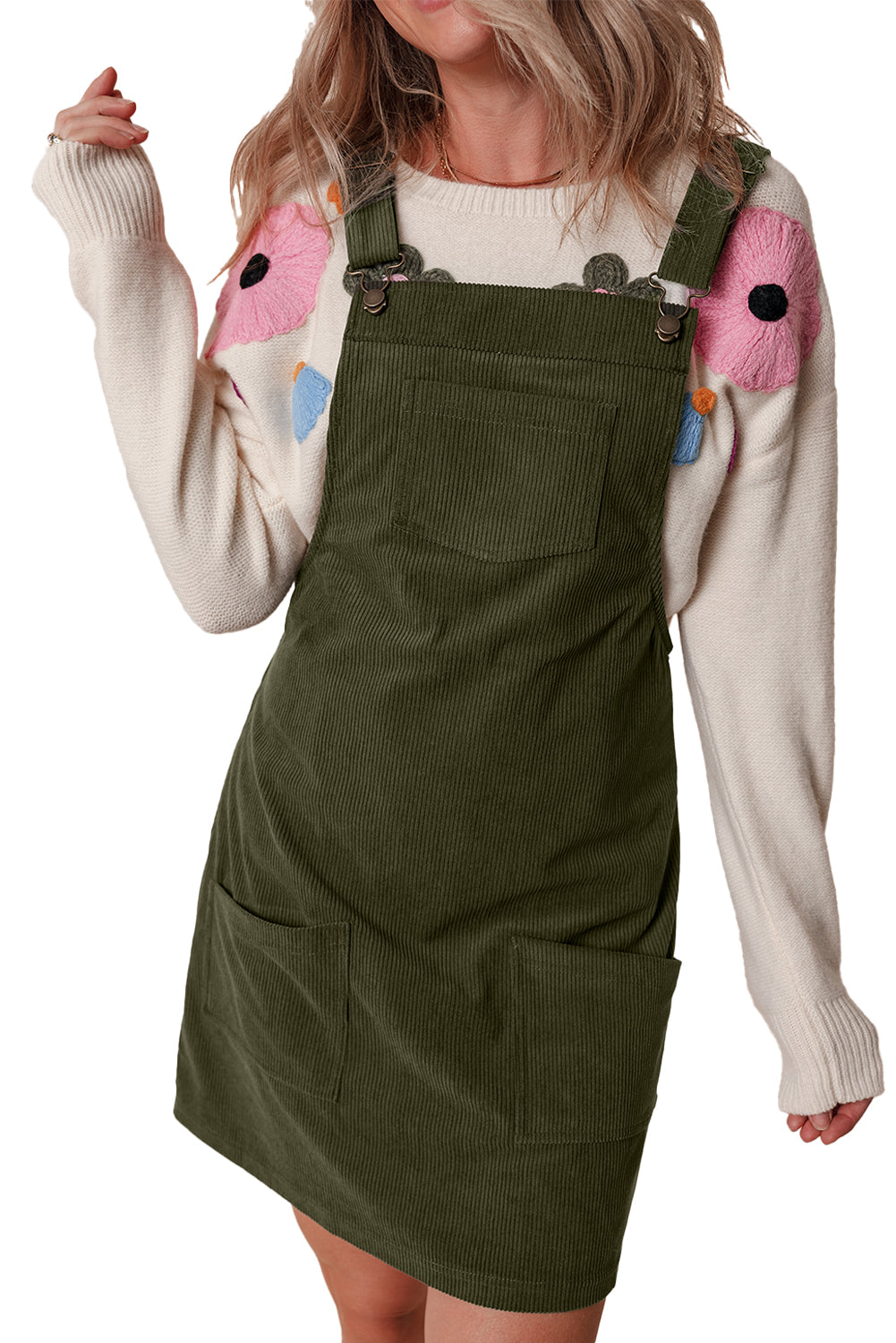 Vineyard Green Solid Front Pockets Sleeveless Corduroy Overall Dress