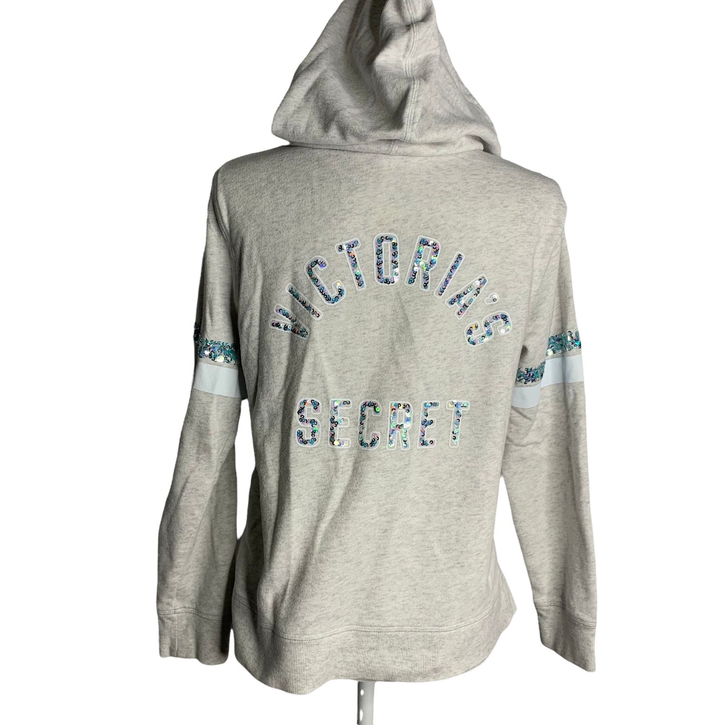 Victoria's Secret Full Zip Hooded Sweatshirt M Grey Sequins Pockets Long Sleeve