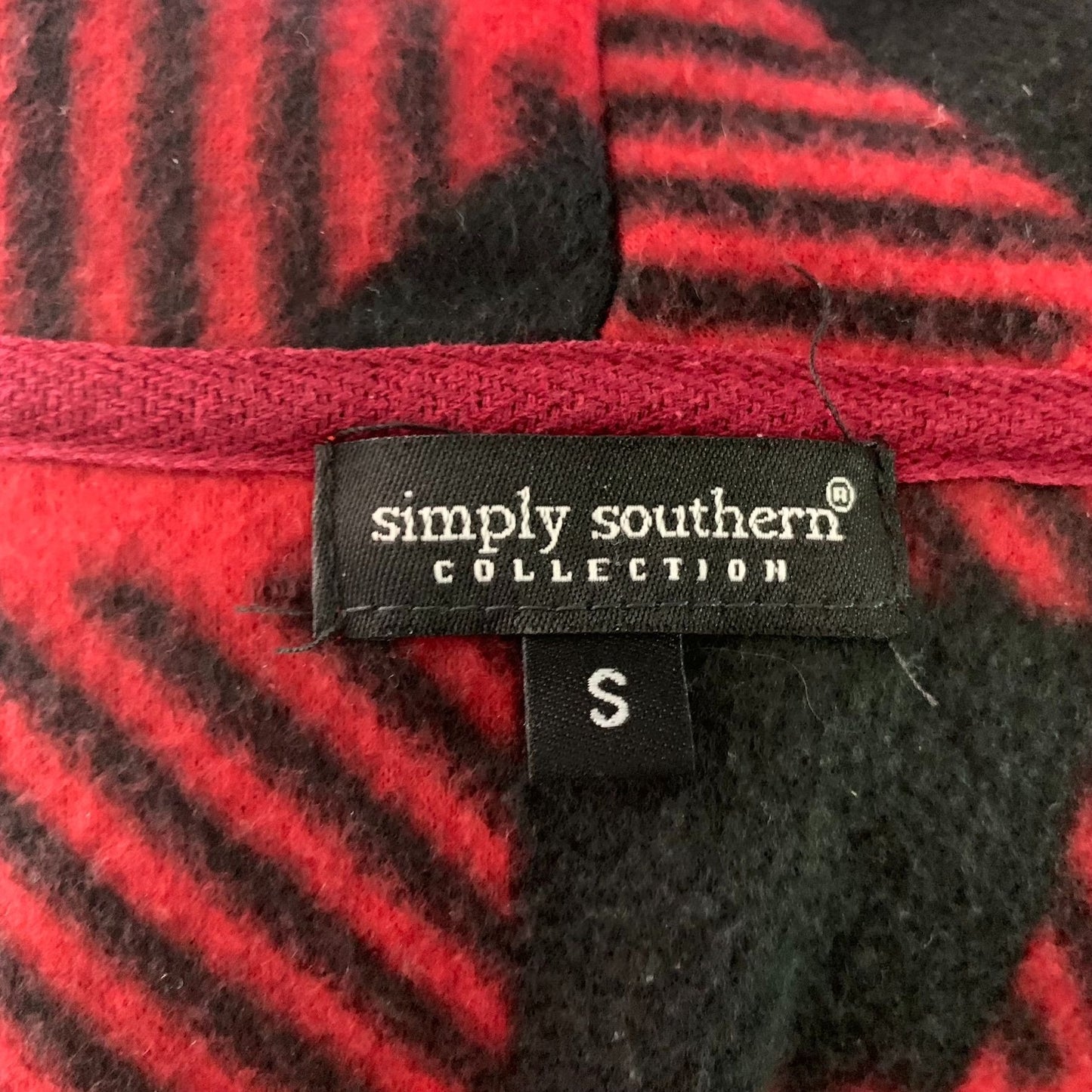 Simply Southern Open Front Fleece Vest S Red Black Buffalo Check Pockets