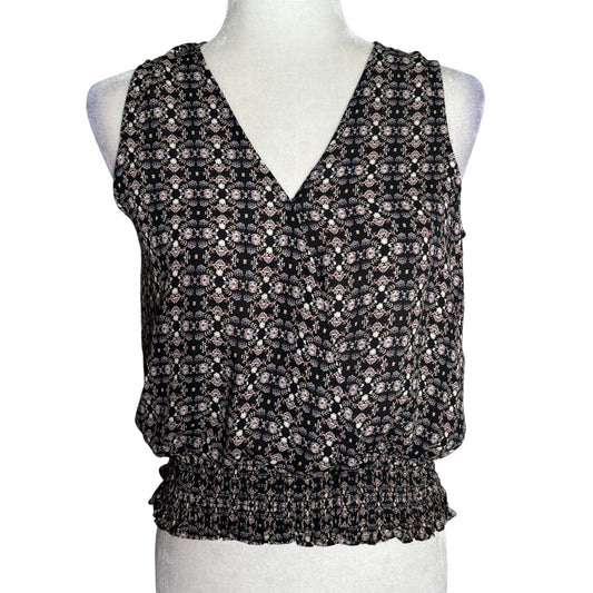 Sleeveless Floral Blouse Top Small Black Smocked Waist V Neck Surplice Wrap