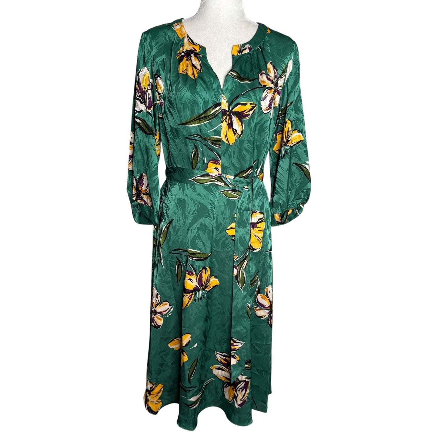 Donna Morgan Floral Midi Dress Size 6 Long Sleeves Tie Belt Waist V Neck