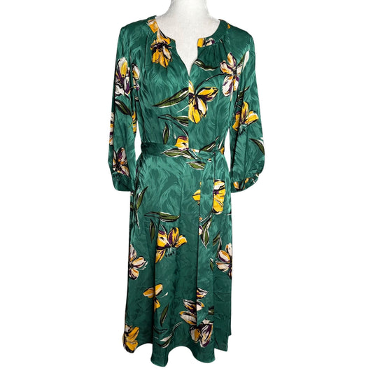Donna Morgan Floral Midi Dress Size 6 Long Sleeves Tie Belt Waist V Neck