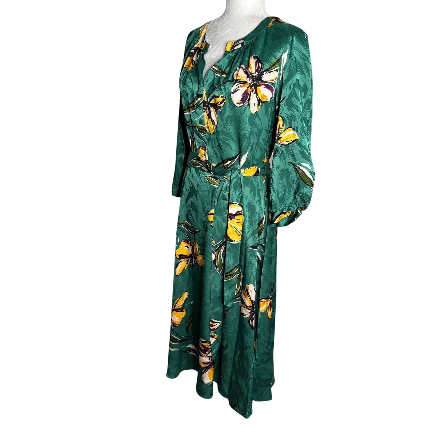 Donna Morgan Floral Midi Dress Size 6 Long Sleeves Tie Belt Waist V Neck