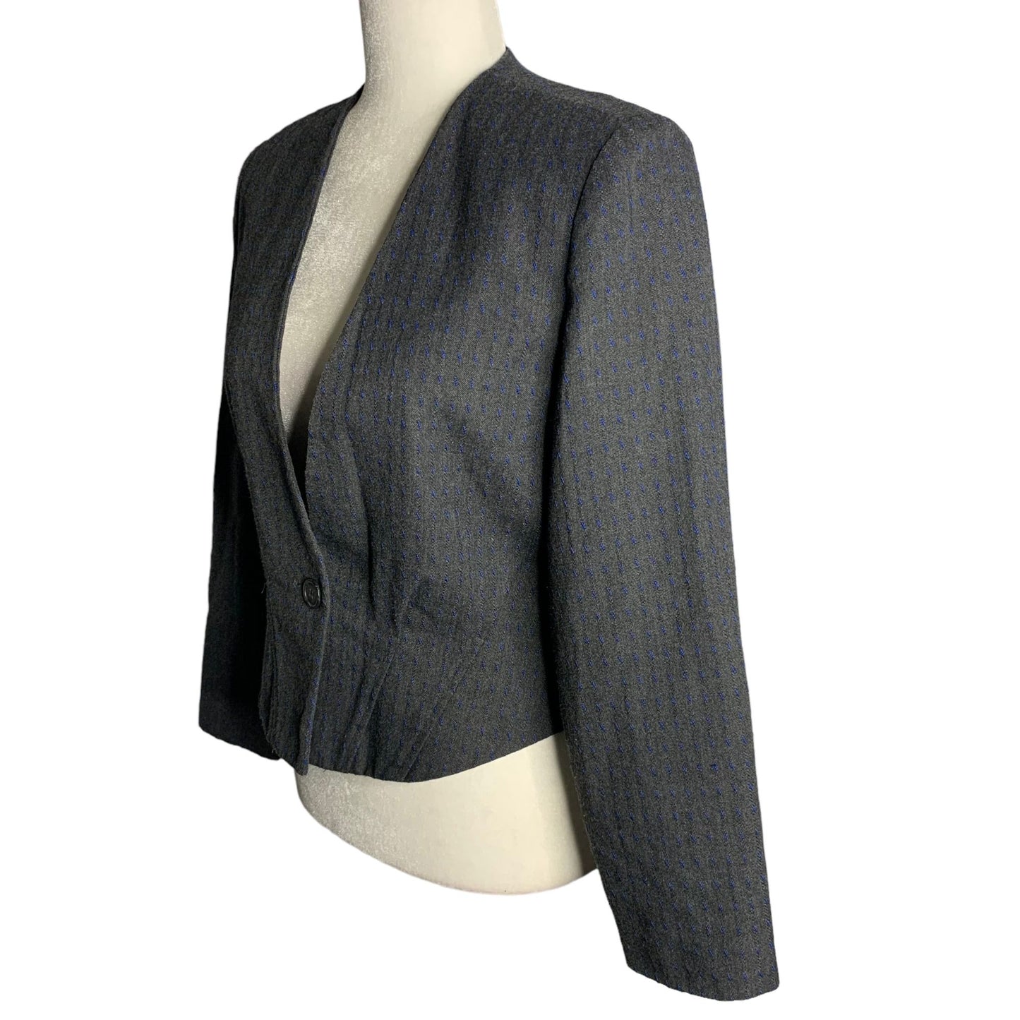 Vintage 80s Haberdas Her Cropped Blazer 6 Grey Blue One Button No Collar Lined