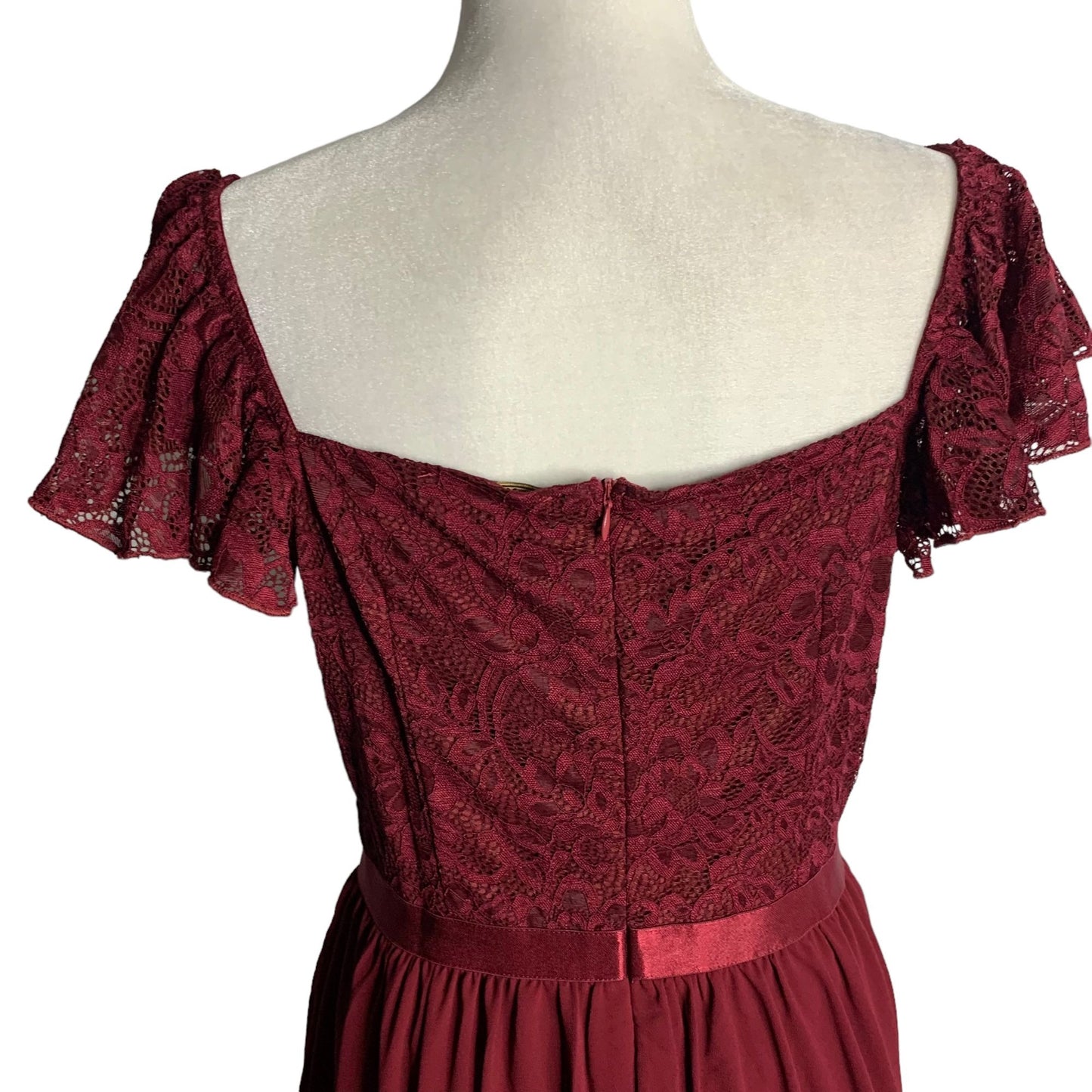 MissMay Retro Lace Chiffon Swing Dress L Wine Red Flutter Sleeve Lined Zip NEW