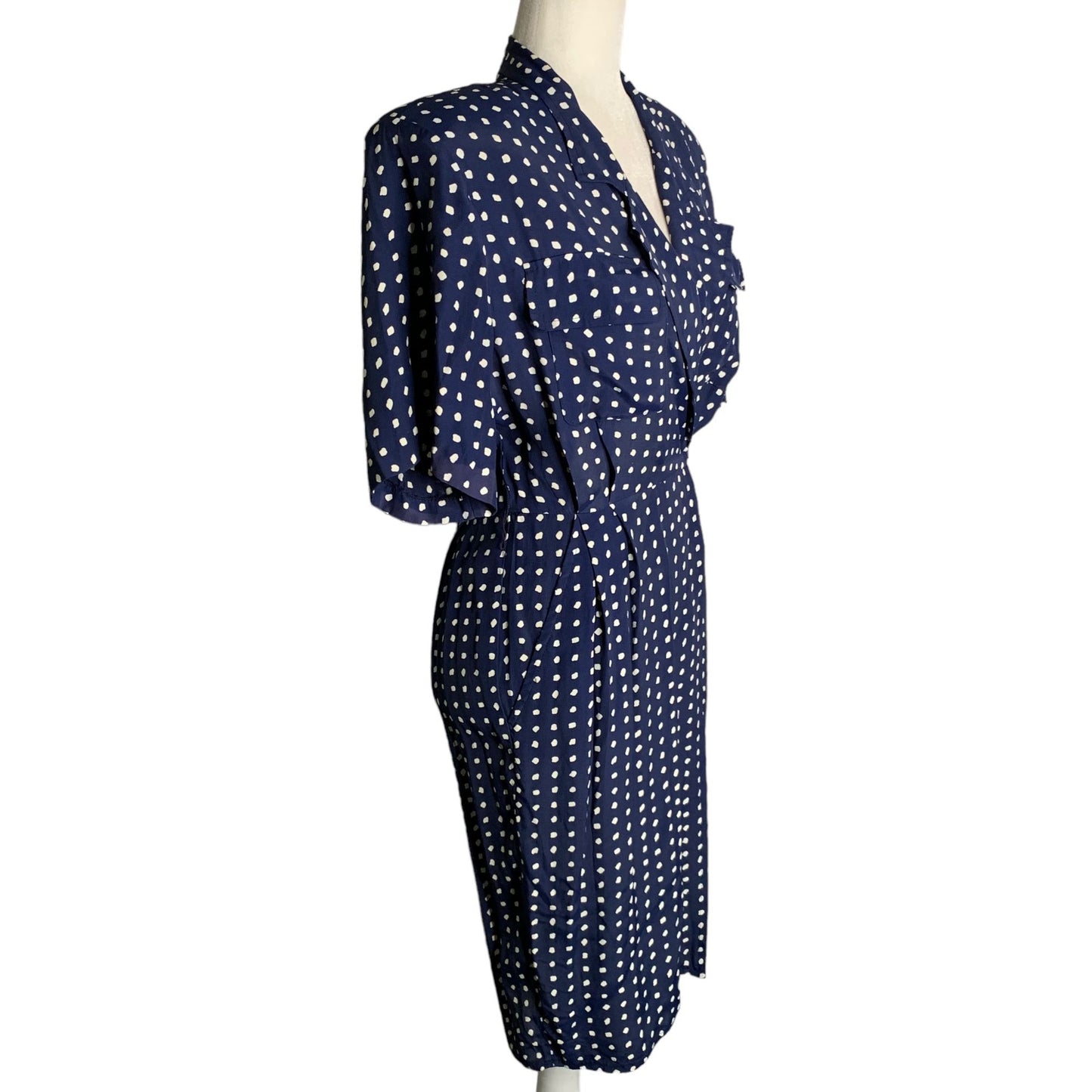 Vintage 80s Karin Stevens Wrap Dress S Blue Polka Dot Midi Shoulder Pads Snaps