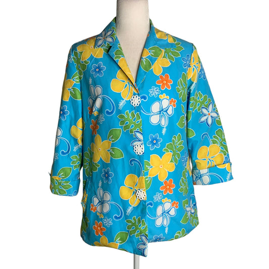 PS Brenda Hawaiian Floral Blazer Jacket M Blue Lined Button Up Pockets Cuffed