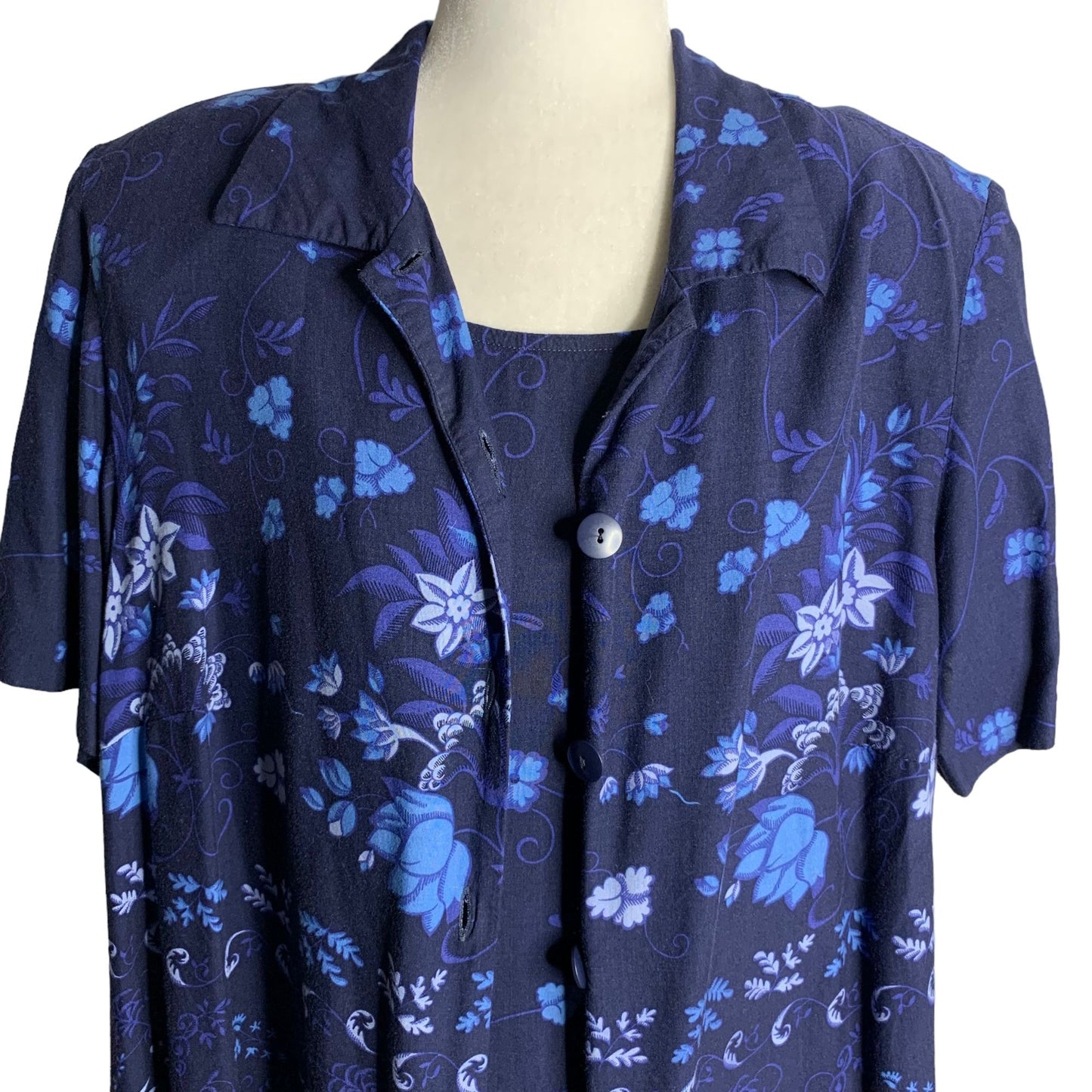 Vintage Dress Barn Maxi Dress Shirt Set 18 Blue Floral Buttons Sleeveless Rayon