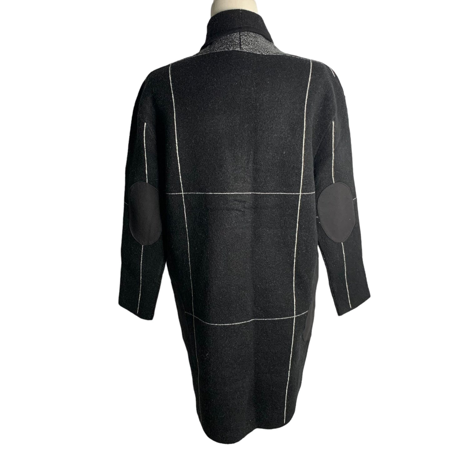 Kerisma Shawl Collar Grid Coat S/M Black Buttons Faux Leather Pockets Patches