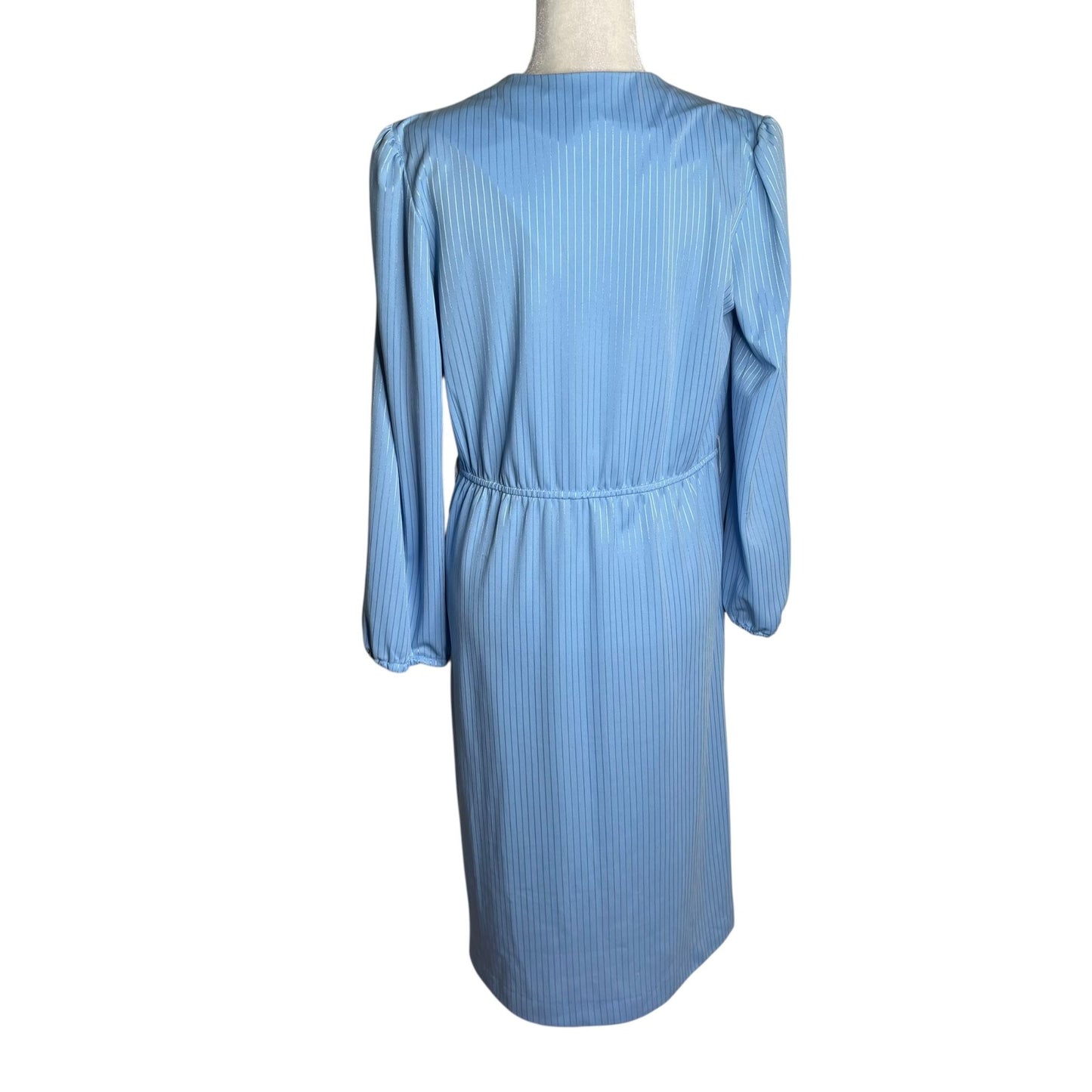 Vintage 80s Faux Wrap Dress Sz Medium Blue Striped Puff Sleeve Elastic Waist