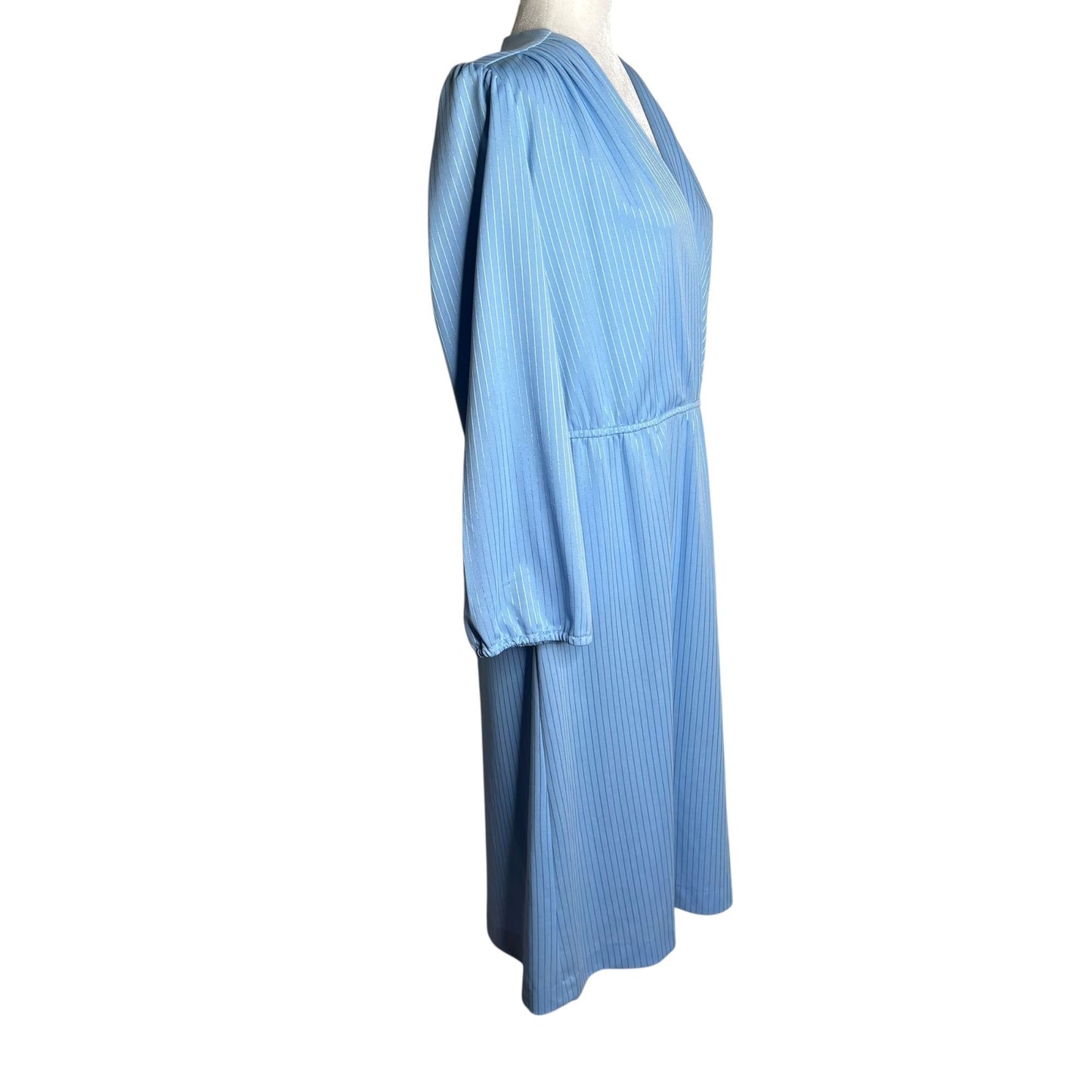 Vintage 80s Faux Wrap Dress Sz Medium Blue Striped Puff Sleeve Elastic Waist