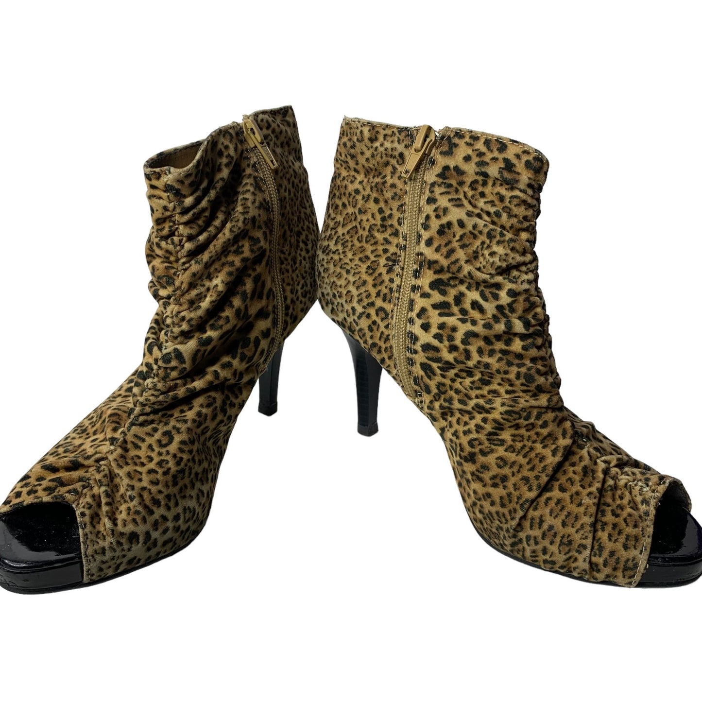 City Streets Leopard Print Peep Toe Booties 7.5 Ankle Boots Side Zip High Heels