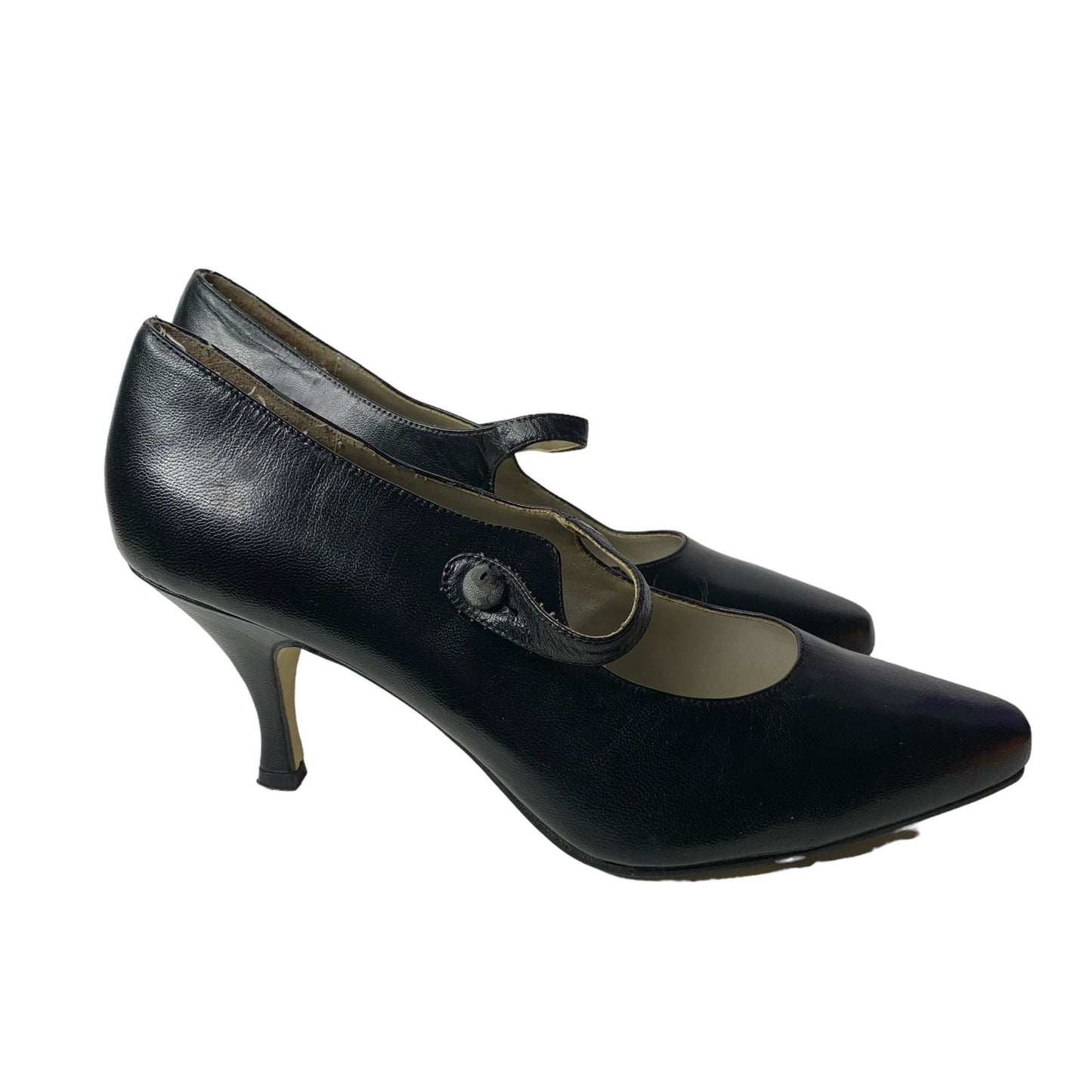 Candid Statements Mary Jane Pumps 9.5m Black Almond Toe Button Strap High Heels