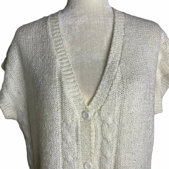 Vintage Short Sleeve Knit Cardigan Sweater L White Buttons Short Sleeves Pockets