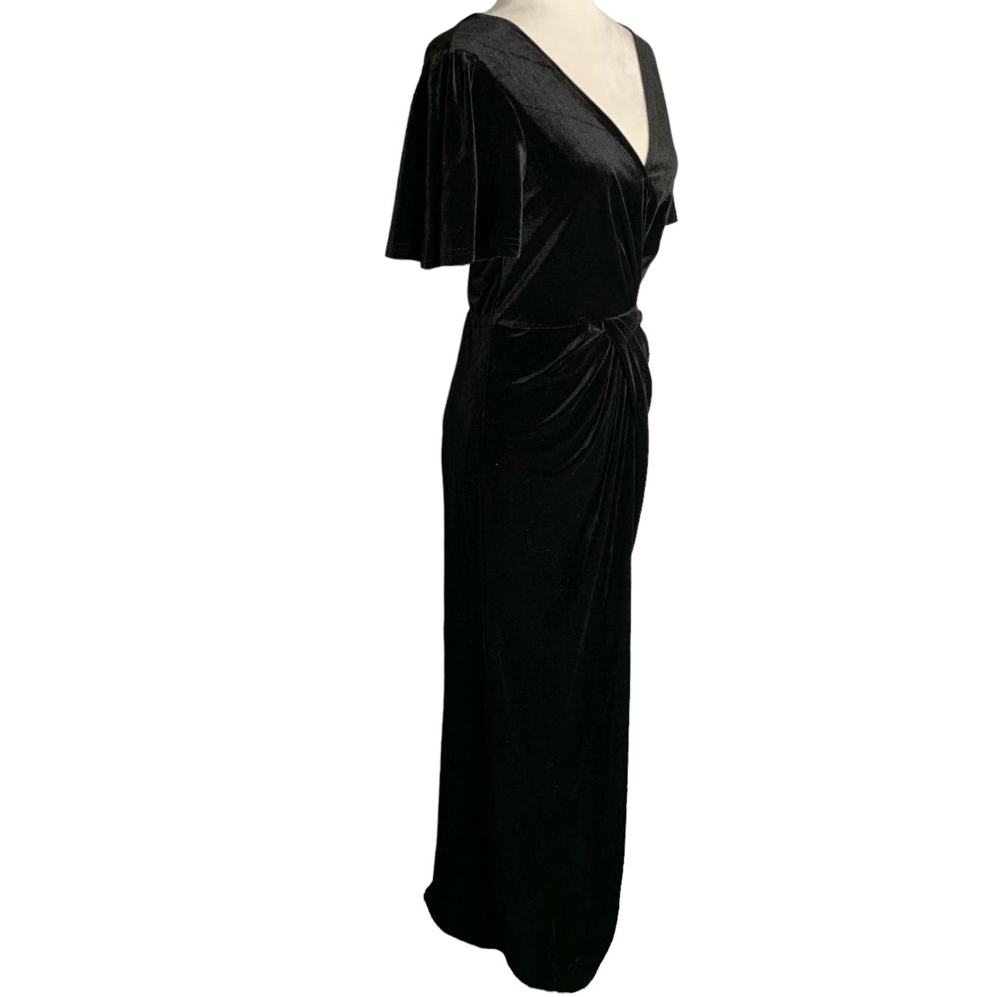 Twist Front Velvet Maxi Dress M Black V Neck Zip Front Slit Flutter Sleeve NWOT