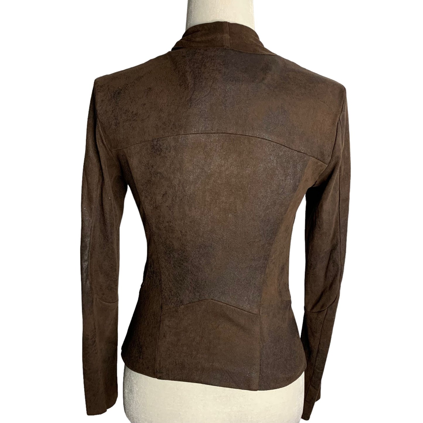 BNCI Faux Leather Cowl Neck Shirt XS Brown Long Sleeves Asymmetrical Zipper