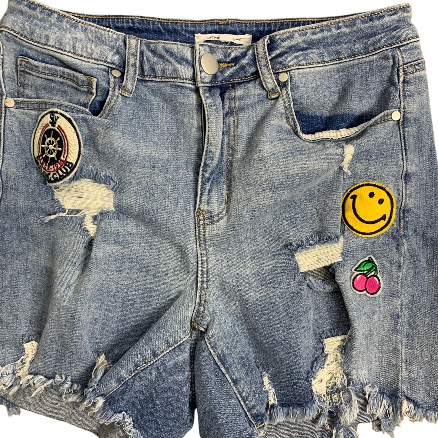 A Beautiful Soul Mid Rise Denim Shorts 10 Med Wash Distressed Patches 5 Pocket