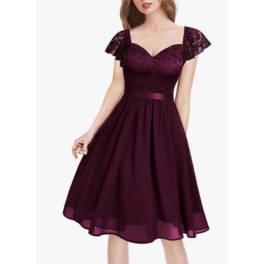 MissMay Retro Lace Chiffon Swing Dress L Wine Red Flutter Sleeve Lined Zip NEW