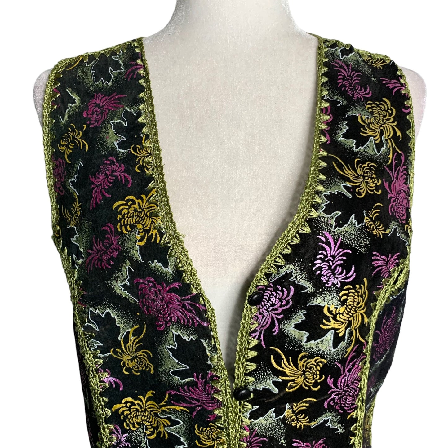 Reversible Crochet Embroidery Leather Vest S Black Floral Button Up Festival