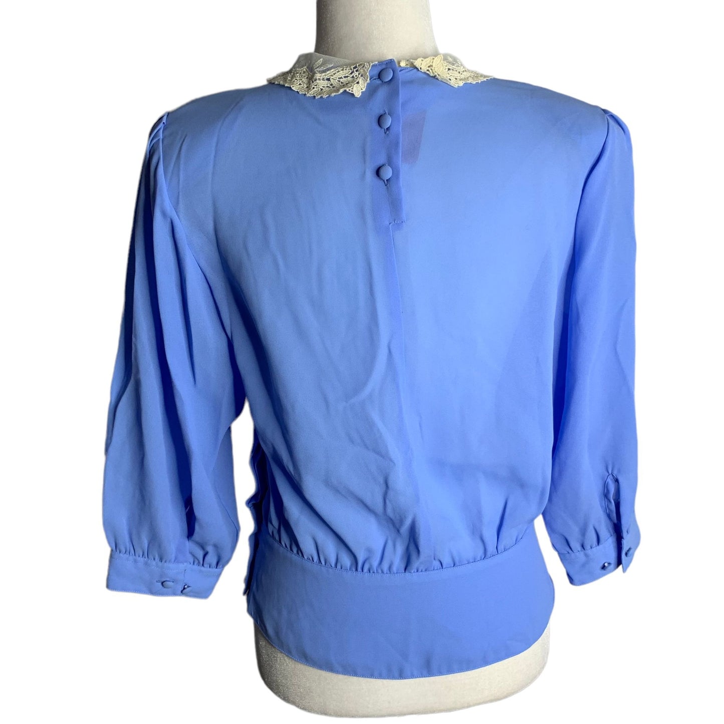 Vintage 80s Pleated Blouse S Blue Buttons Lace Collar 3/4 Sleeve Shoulder Pads