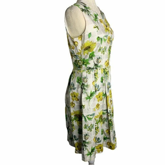 Julian Taylor Pleated Sleeveless Dress 8 White Floral Split V Zip Lined Pockets