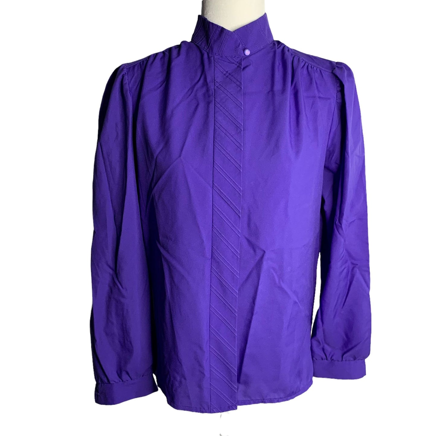 Vintage 80s Donnkenny Secretary Blouse M Purple Hidden Buttons High Neck