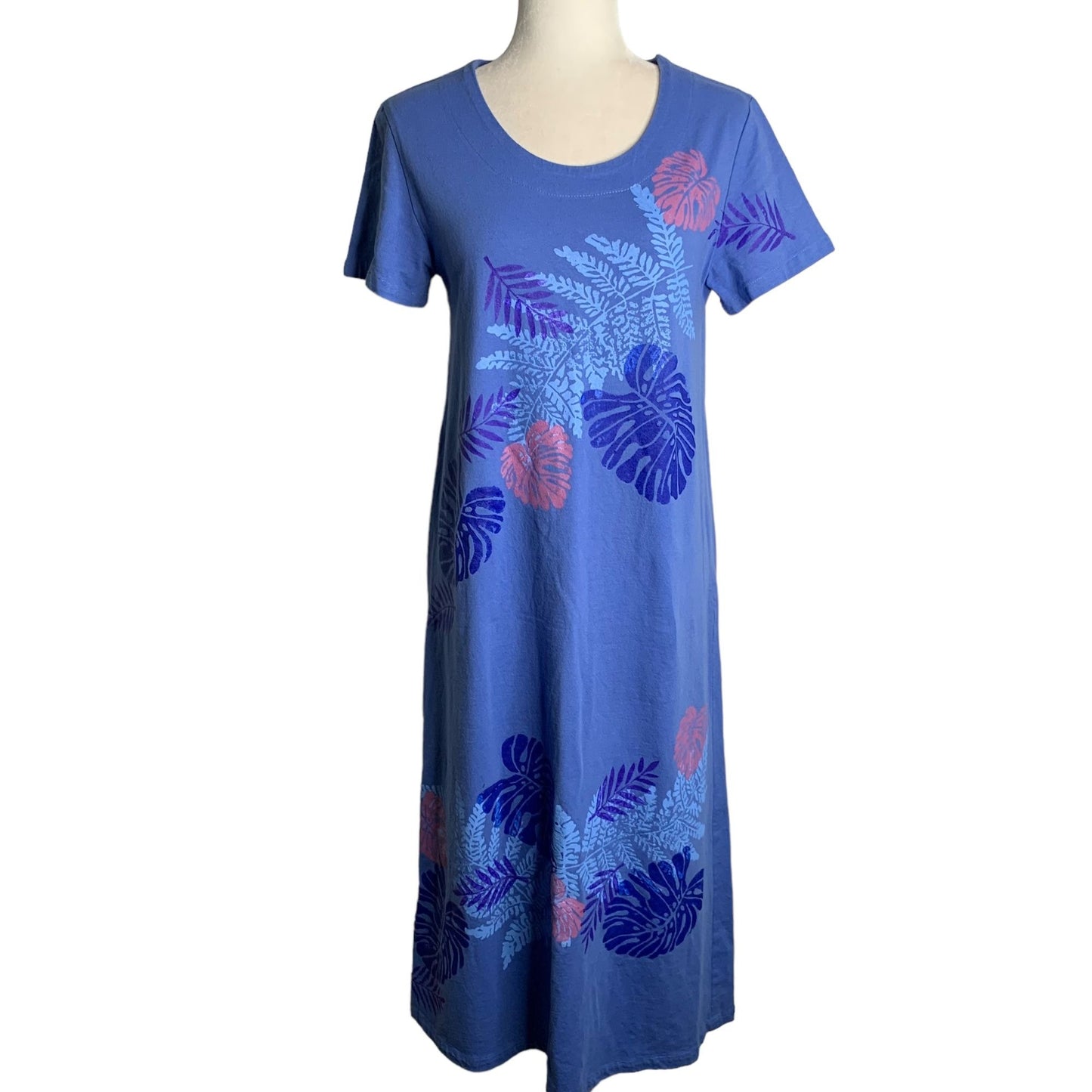 Vintage 90s Hand Painted Maxi Dress S Blue Hawaiian Floral Short Sleeve Cotton