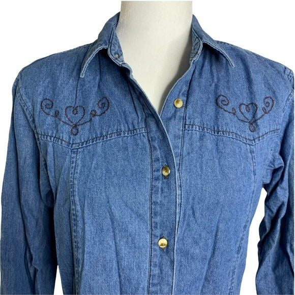 Vintage 80s Wrangler Western Shirt M Blue Denim Chambray Embroidered Button