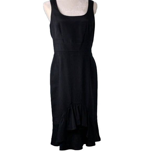 Eccoci Black Silk Sleeveless Sheath Dress 6 Black Lined Zip Scoop Neck Midi