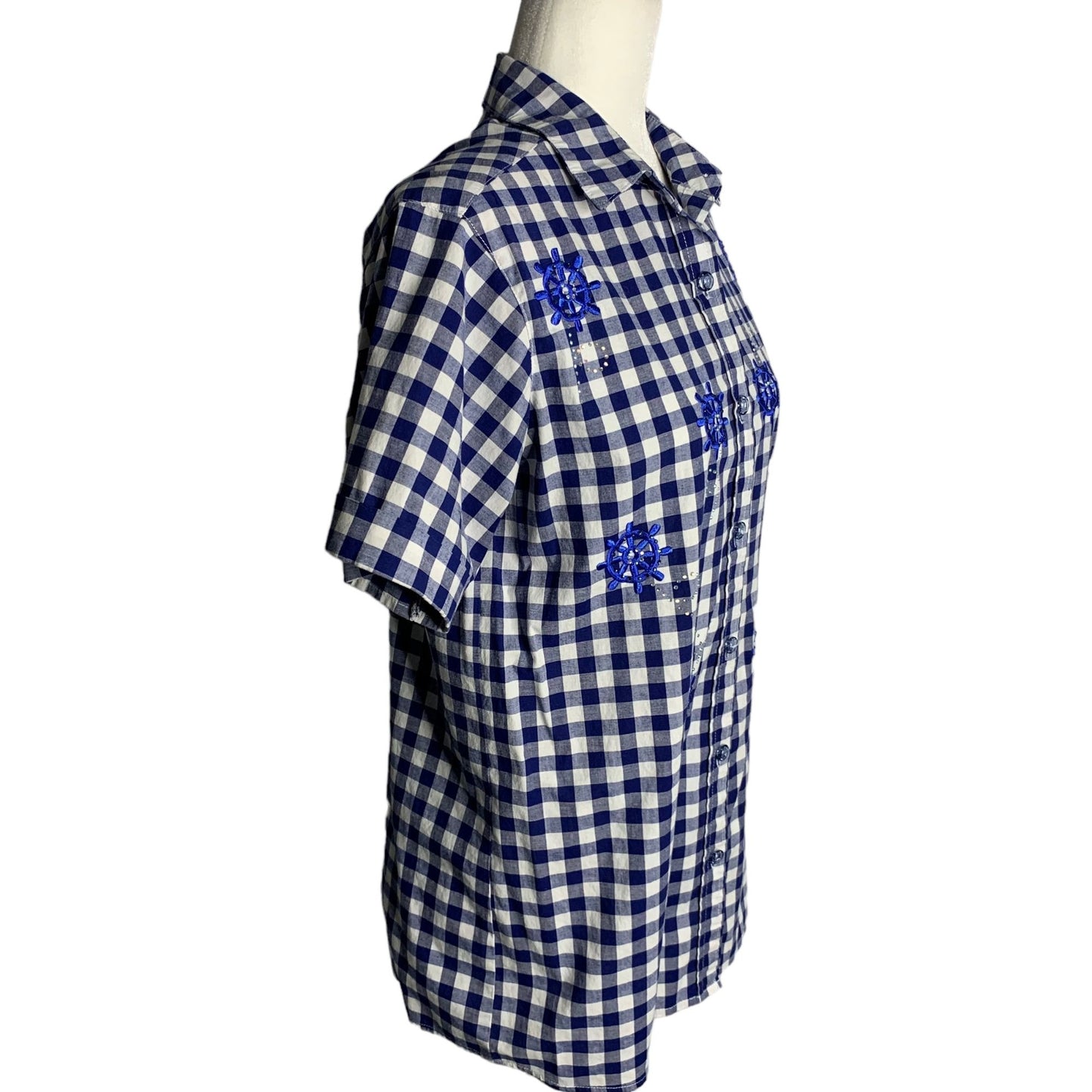 Quacker Factory Embroidered Button Up Shirt XXS Blue Gingham Short Sleeves