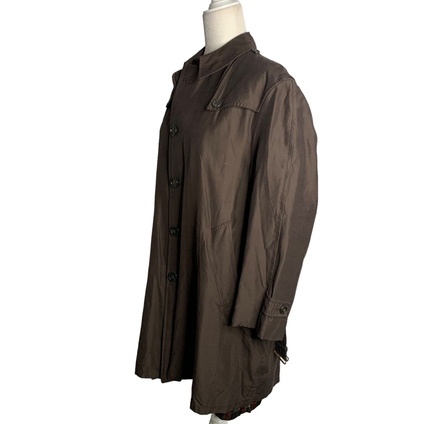 Vintage 70s Womens Rain Trench Coat L Brown Buttons Lined Pockets Belted