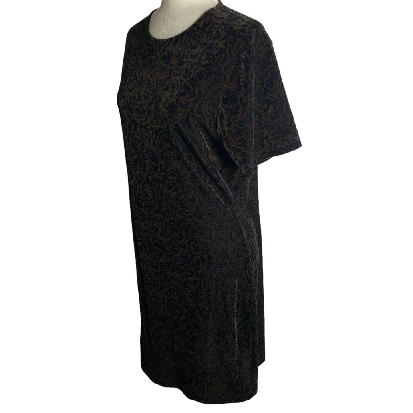 Vintage 90s Velvet Sheath Dress M Black Brown Swirls Short Sleeve Stretch Goth