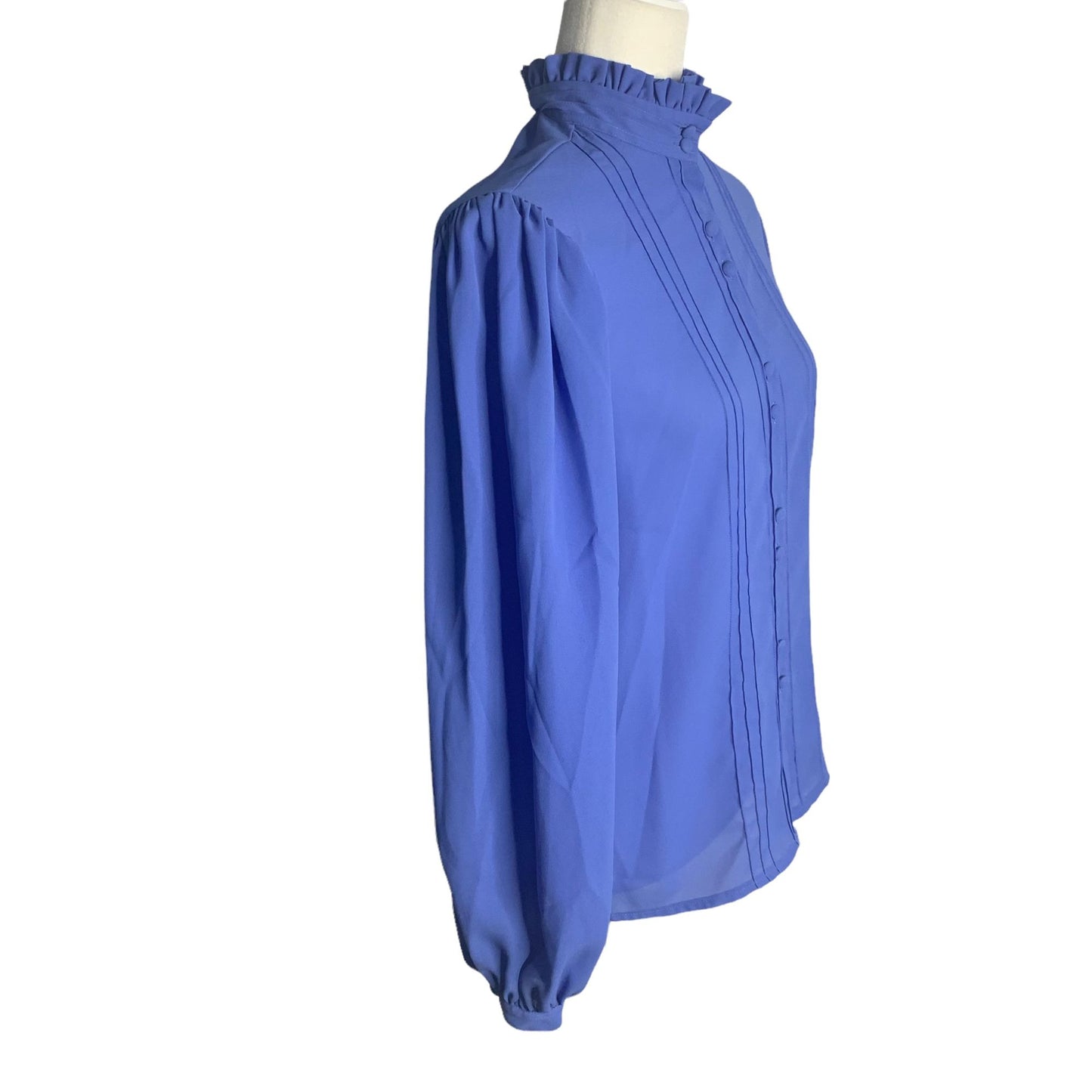 Vintage 80s Josephine Secretary Blouse M Blue Button Down Puff Sleeves