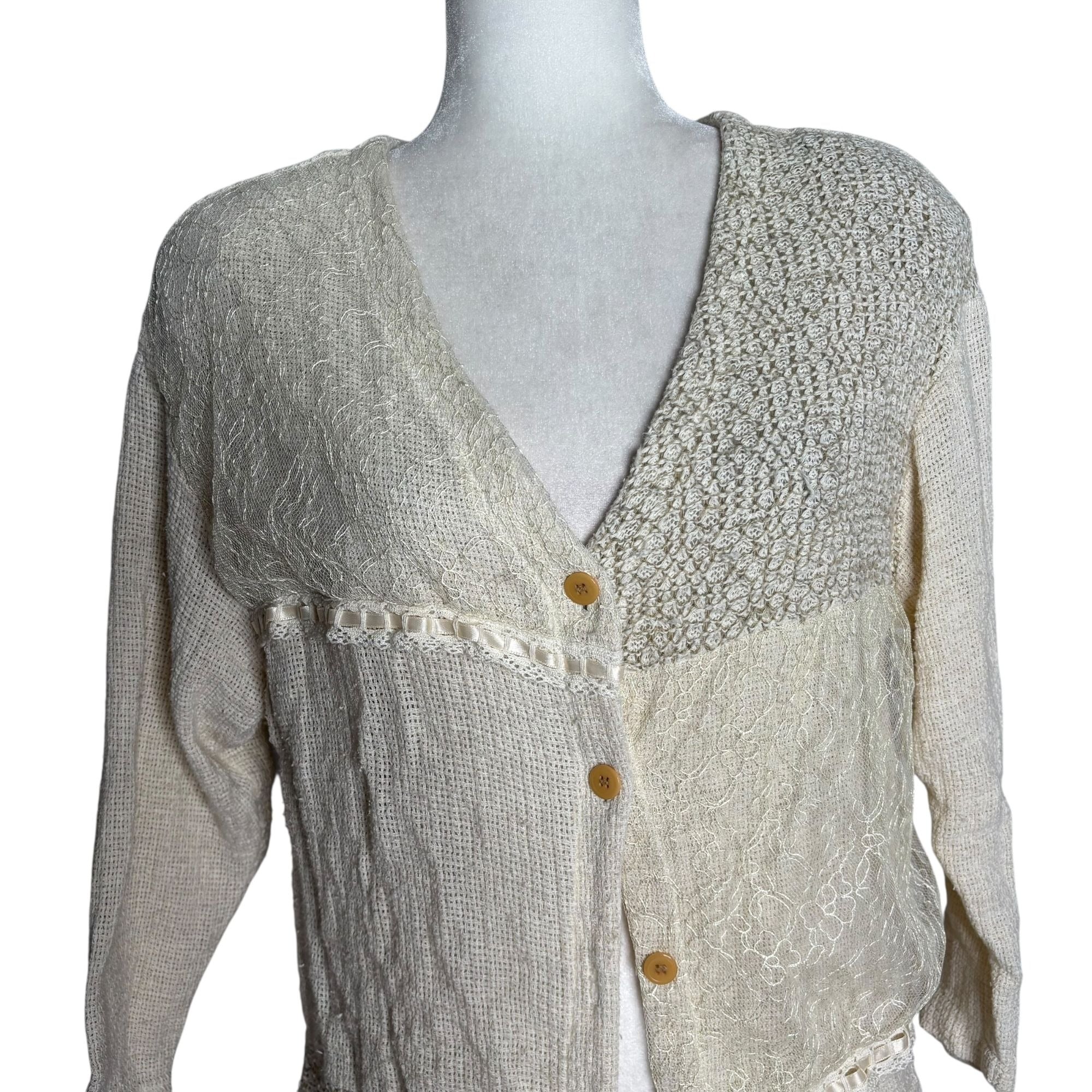 Vintage 90s Knit Patchwork Cardigan Medium Cream Linen Blend