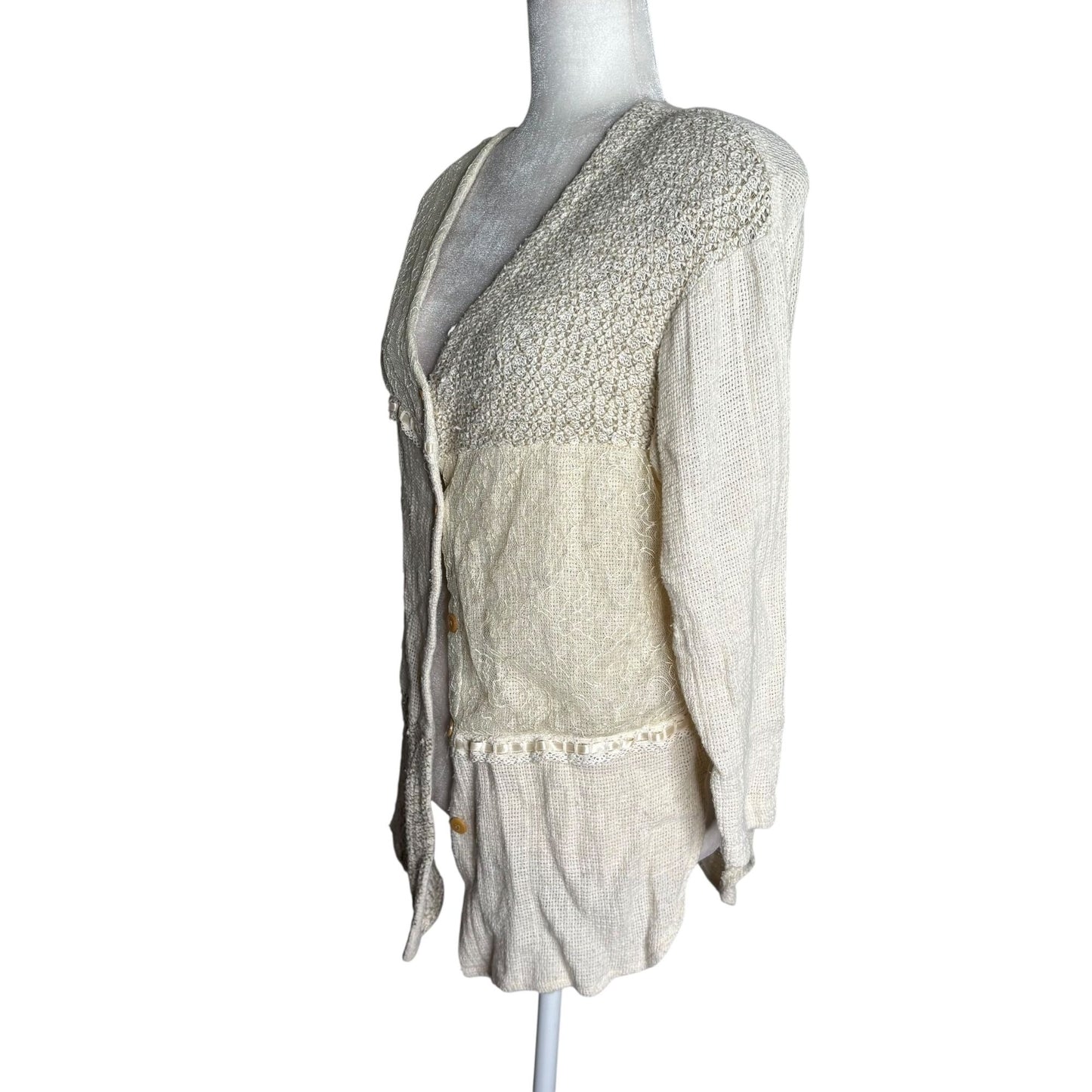 Vintage 90s Knit Patchwork Cardigan Medium Cream Linen Blend Buttons David Wayne
