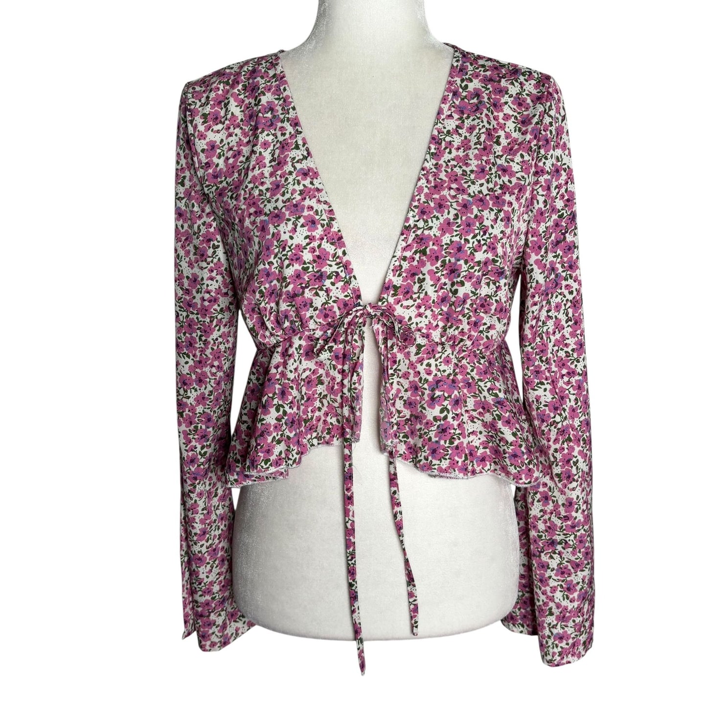 Floral Long Bell Sleeve Tie Front Peplum Blouse Medium Pink White Deep V Neck