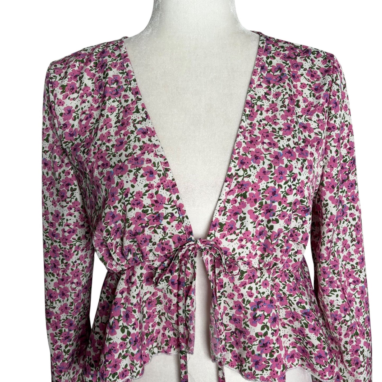 Floral Long Bell Sleeve Tie Front Peplum Blouse Medium Pink White Deep V Neck