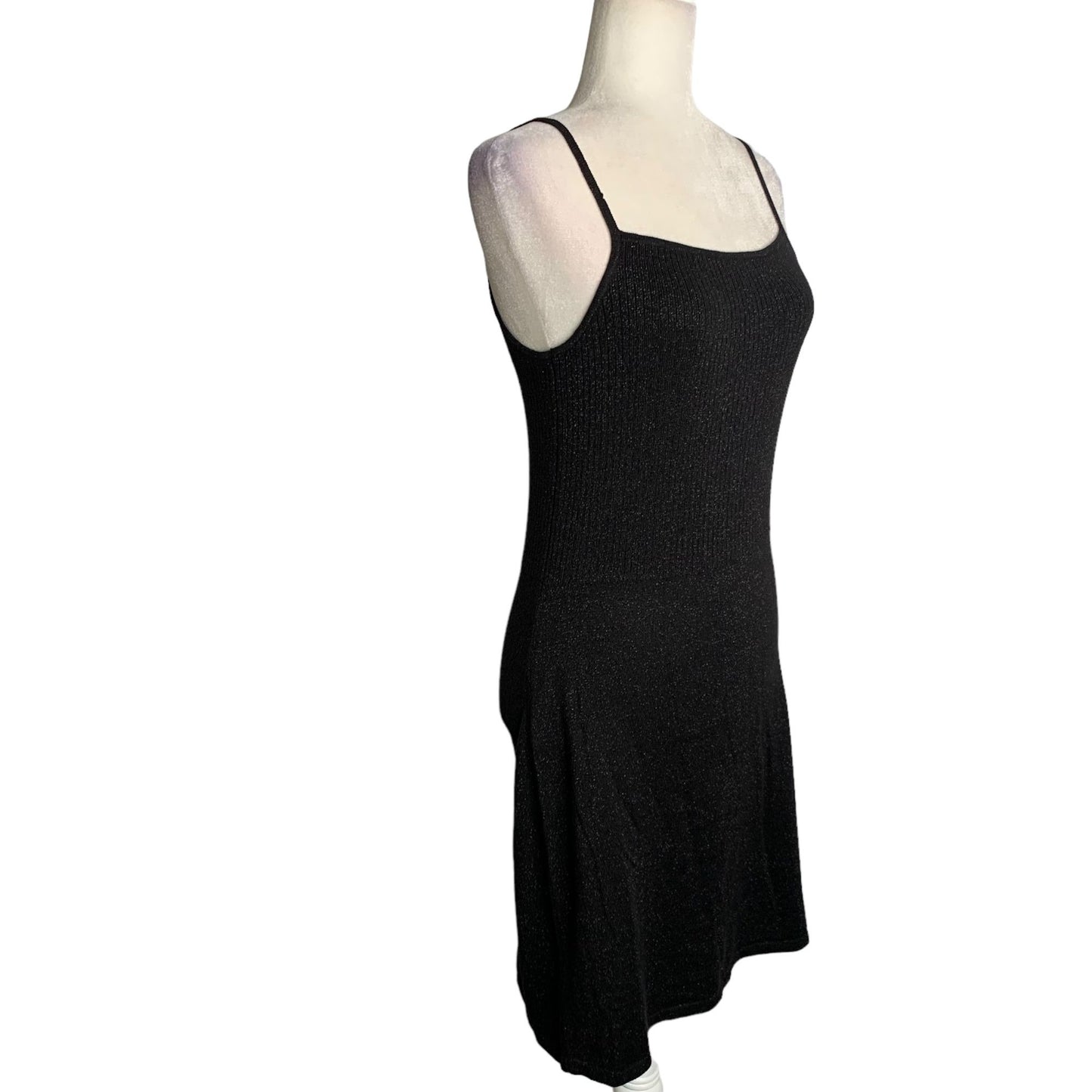 Vintage 90s Esprit Ribbed Knit Mini Dress M Black Metallic Spaghetti Straps