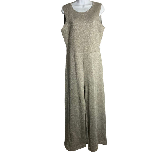 J Crew Metallic Lurex Disco Jumpsuit M Silver Stretch Knit Sleeveless Tie Neck