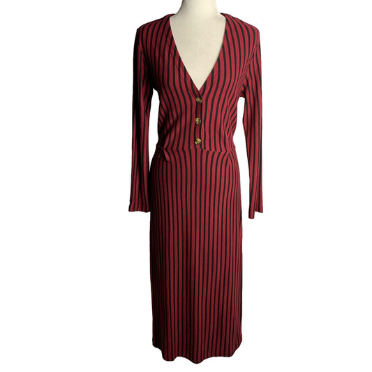 Velvet Heart Striped Midi Dress M Red Black V Neck Long Sleeve Tie Belt Goth