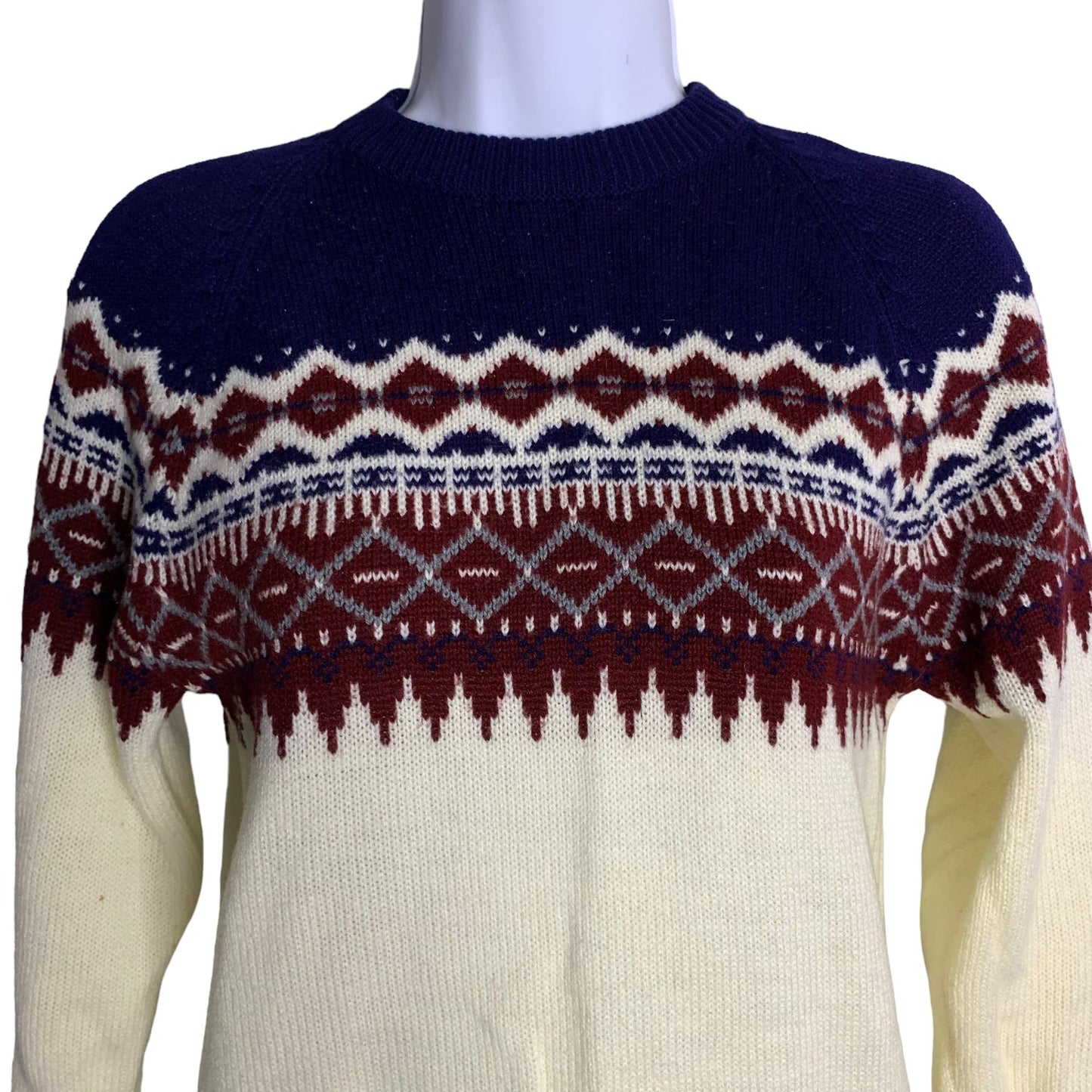 Vintage 90s Fair Isle Ski Sweater S Cream Knit Pullover Crewnwck Long Sleeves